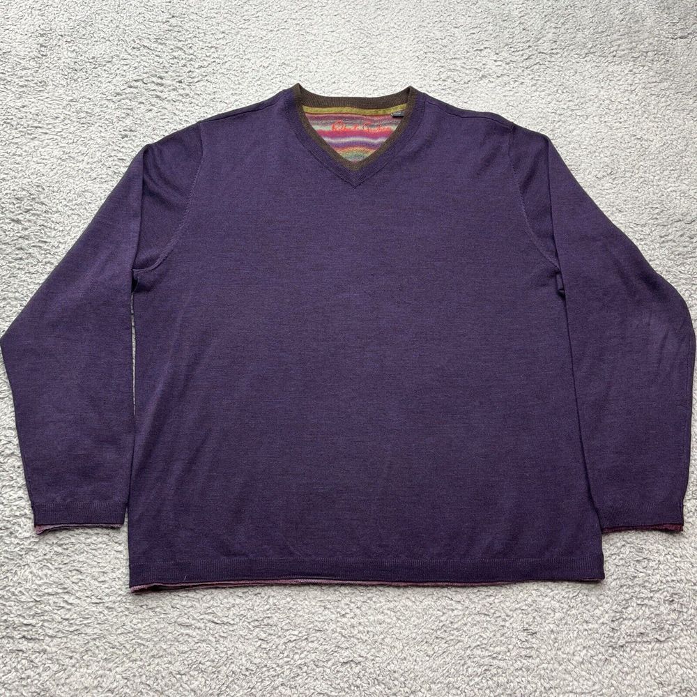 Robert Graham‎ 100% Wool Sweater Mens XL Purple V-Neck  Long Sleeve Preppy